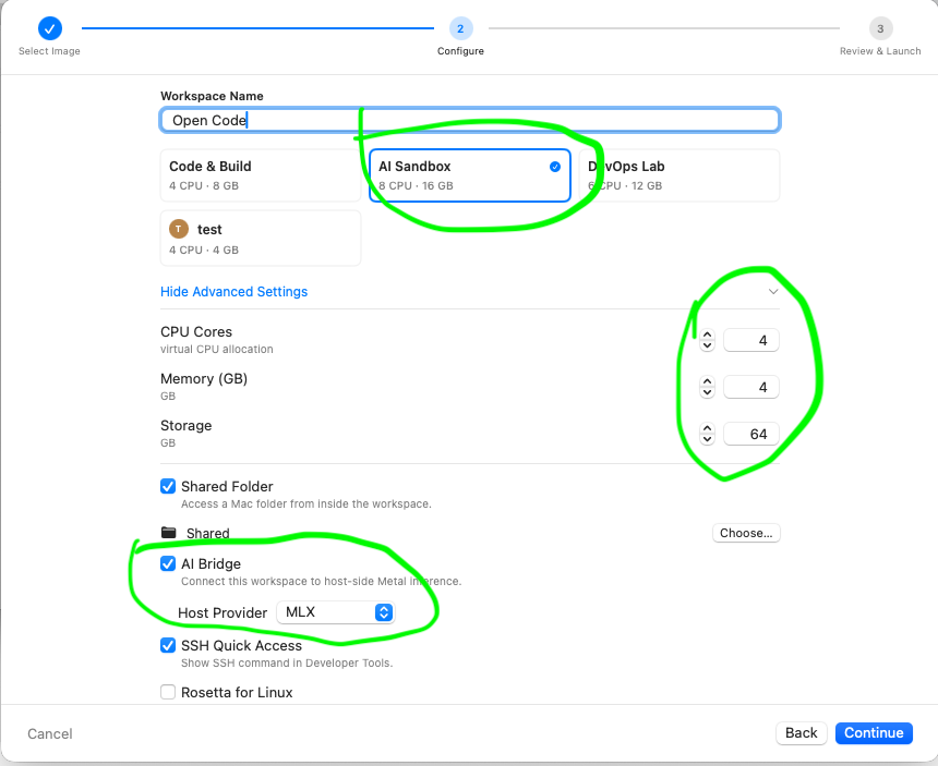 Velo Workspaces New Workspace wizard, Configure step: AI Sandbox profile selected (8 CPU · 16 GB), CPU Cores/Memory/Storage set to 4/4/64, and AI Bridge enabled with Host Provider set to MLX.