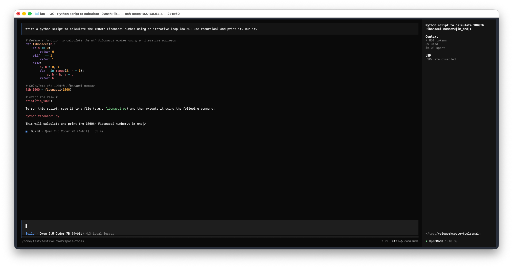 OpenCode terminal UI inside the VM, connected to the MLX Local Server provider, generating and running a Python script for the 1000th Fibonacci number using Qwen 2.5 Coder 7B (4-bit).